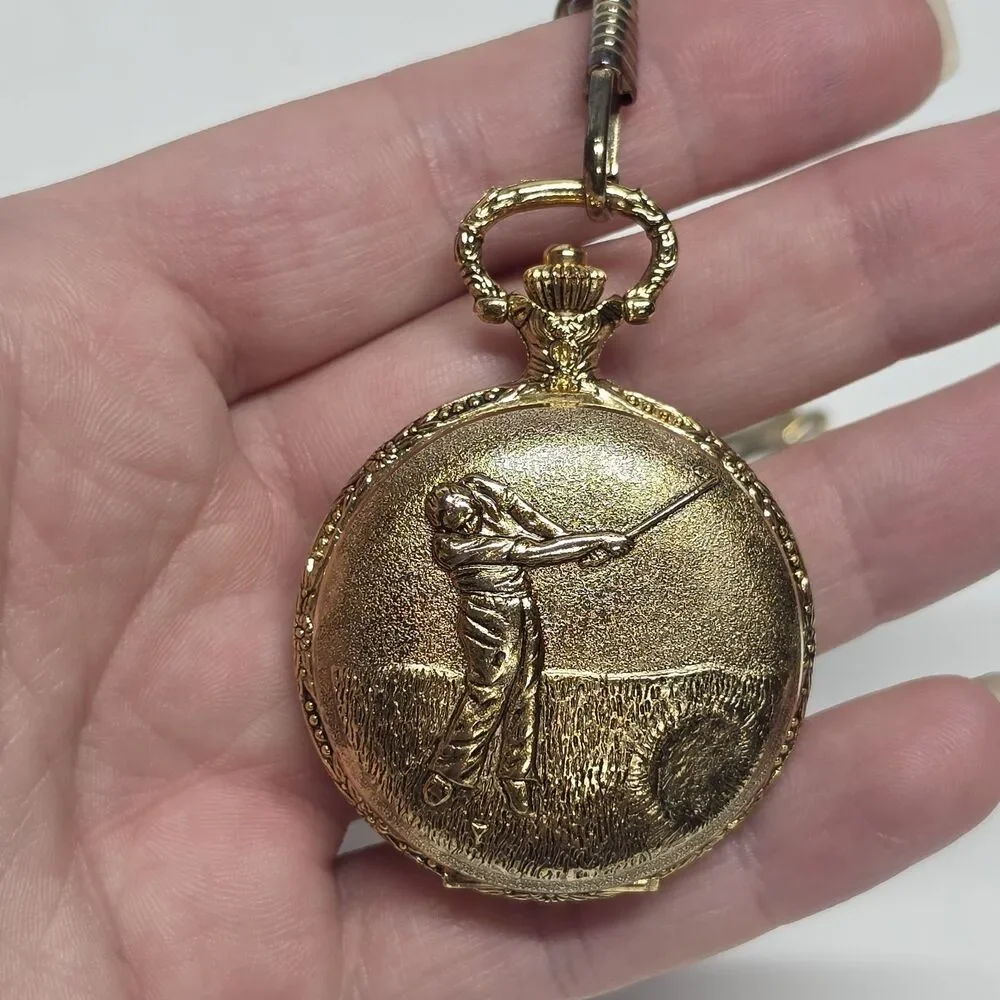 Vintage Midwest Traders Metal Gold Tone Quartz Golfer Pocket Watch With Chain